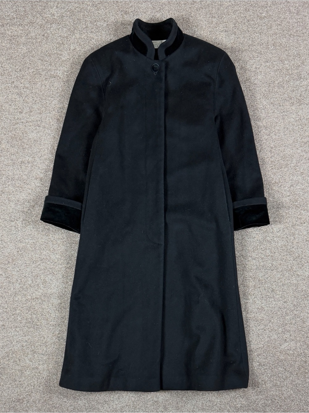 Vintage Larry Levine Black Long‎ Wool Coat Women’s 8 Mandarin Collar Velour Trim